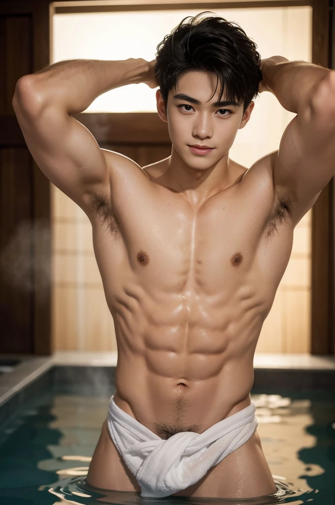 Amazing Japanese onsen scenery, outdoor, He wore a small clear towel that covered half of his large pussy., Sweat dripping all over., Sweat covered the entire body., อาบน้ำในออนเซ็นoutdoorแบบญี่ปุ่น, ภาพถ่ายfull body, Wearing a very small cloth, Proudly showing off his hairy, sweaty armpits to onlookers in a Japanese onsen., Naked, wearing a small white towel., 17 year old boy, very young boy, Soft, cinematic lighting illuminates a handsome Korean male supermodel in stunning detail and ultra-realism., My hair is very frizzy., clear honey colored eyes, A perfect smile is charming., sensuality, hot man, very handsome, Showing off his sweaty body., Has a lot of muscle and a six-pack., ผอมthin, compact, full body, 8K, photography, Masterpiece, detailed face, Detailed eyes, sexy, Beautiful stomach, beautiful legs, and a large, detailed bulge., expression of ecstasy, excited, thin, Detailed eyes and lips, Have a six-pack and a fit body.. Image quality is of the highest standard., With detailed features and realistic appearance. The colors are bright and vibrant., Enhances overall beauty. The light is soft and natural., Shining a soft glow on the boy, Don't combine the body.