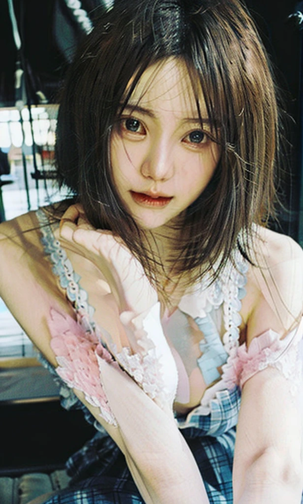 ulzzang-6500-v1.1, (RAW PHOTO:1.2), (photot-REALISTIC，:1.4), beautiful detailed girls, highly detailed eyes and faces, Beautiful Detailed Eyes, s ridiculous, unbelievably ridiculous, Huge File Size, Super Detailed, highres, very detail, sthe highest qualit, Master peace、, Kemomimi, ((Japanes girl' high school uniform)), An illustration, very detail, UHQ, unification, 8k wallpaper, splendid, Fine details, Master peace、, sthe highest qualit, very detailなUHQユニフォーム8k wallpaper, Light on the face、Movie lighting、16-year-old girl、((witheout panties))、((dynamic posing)))、(camel toes)、(Half)、(pantyhose、、、、)、(Sitting on legs bending the knees))、short haired、ple short hair、long neck、Put your ears out、bangs、bigger eyes、Lashes、a Pretty、Very cute erotic  exposed
