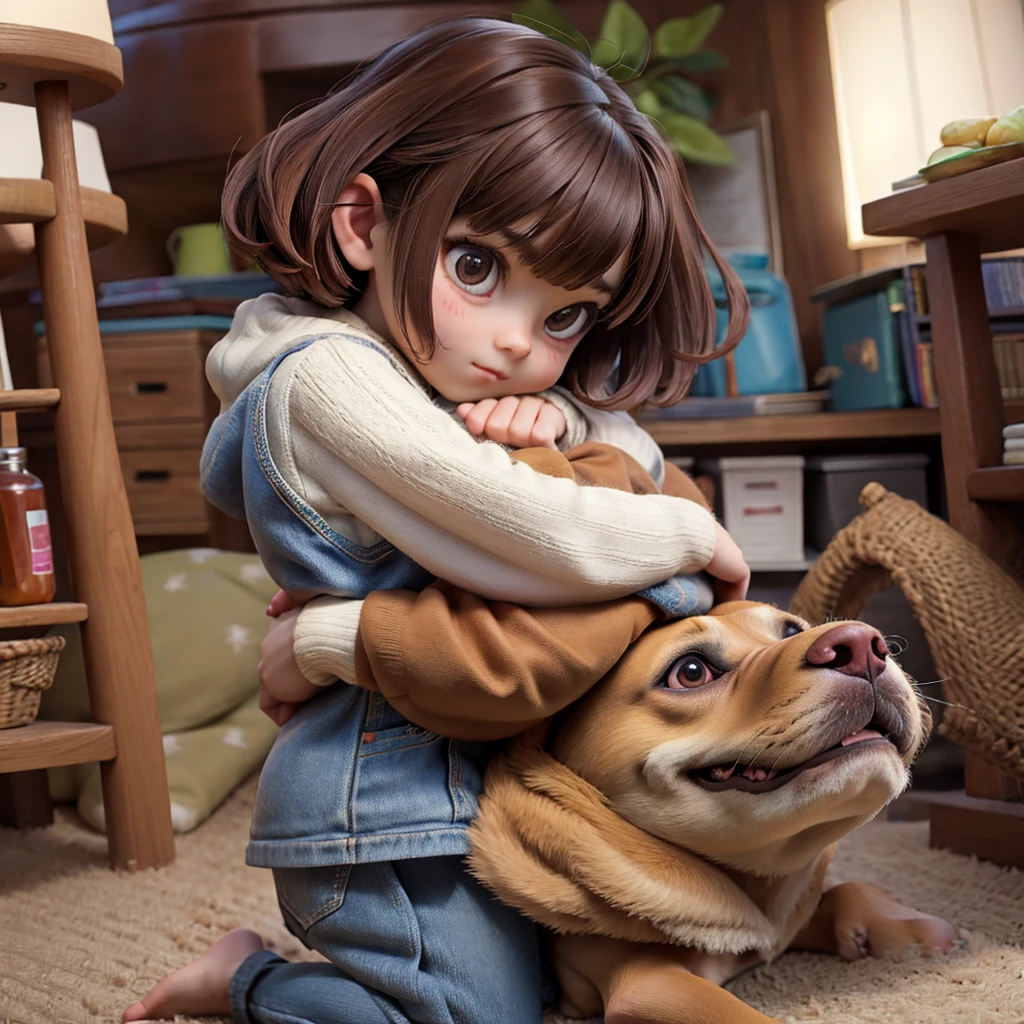 A small girl is hugging a large dog