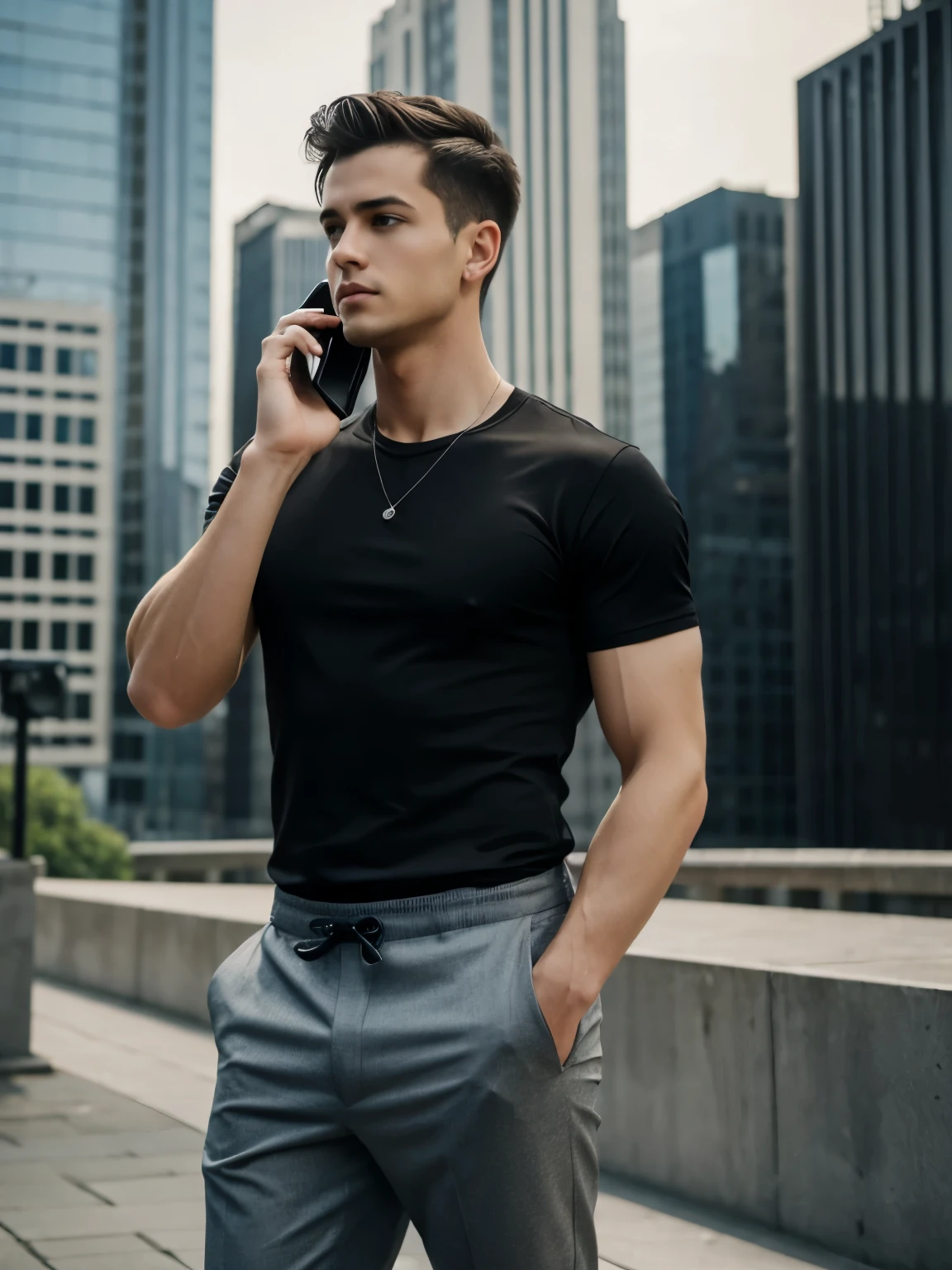 ((masterpiece)), (realistically), boy, 25-30 years, athletic, hair short, in a black T-shirt, light trousers, full height, against the backdrop of city buildings, talking on the phone