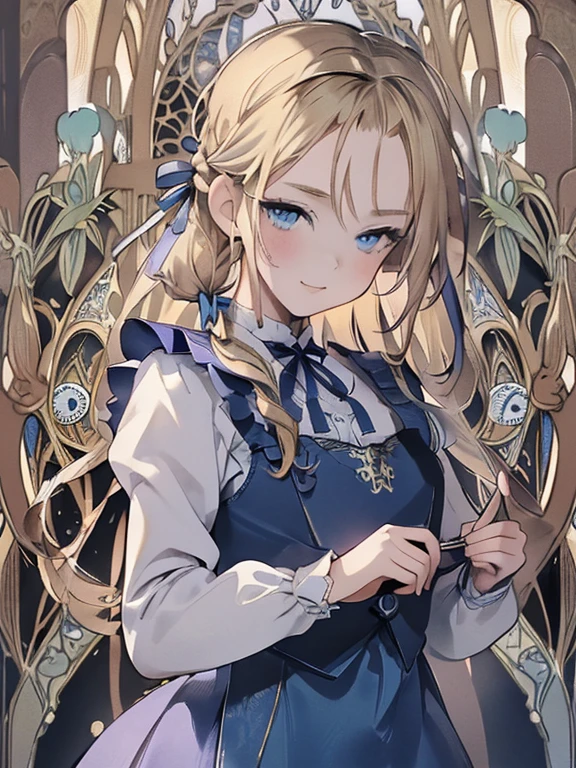 masterpiece, Highest quality, Very detailed, 16K, Ultra-high resolution, Cowboy Shot, Alice in Wonderland, (art nouveau:1.5), 10-year-old girl, Detailed face, smile, blue eyes, Blonde, Long Hair,  (french braid:1.5), Ribbon on head, Blue clothes, White apron, In a room with a big clock
