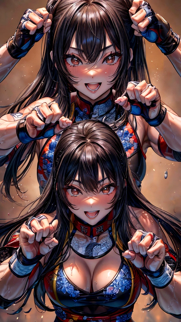 Beautiful woman、 ((Open Finger Gloves, Five Fingers)), (((Women&#39;s Mixed Martial Arts, Martial Arts)))、Fighter、和服のFighter、Brown Skin、Rin々Funny face、Fighting Pose、China dress、smile