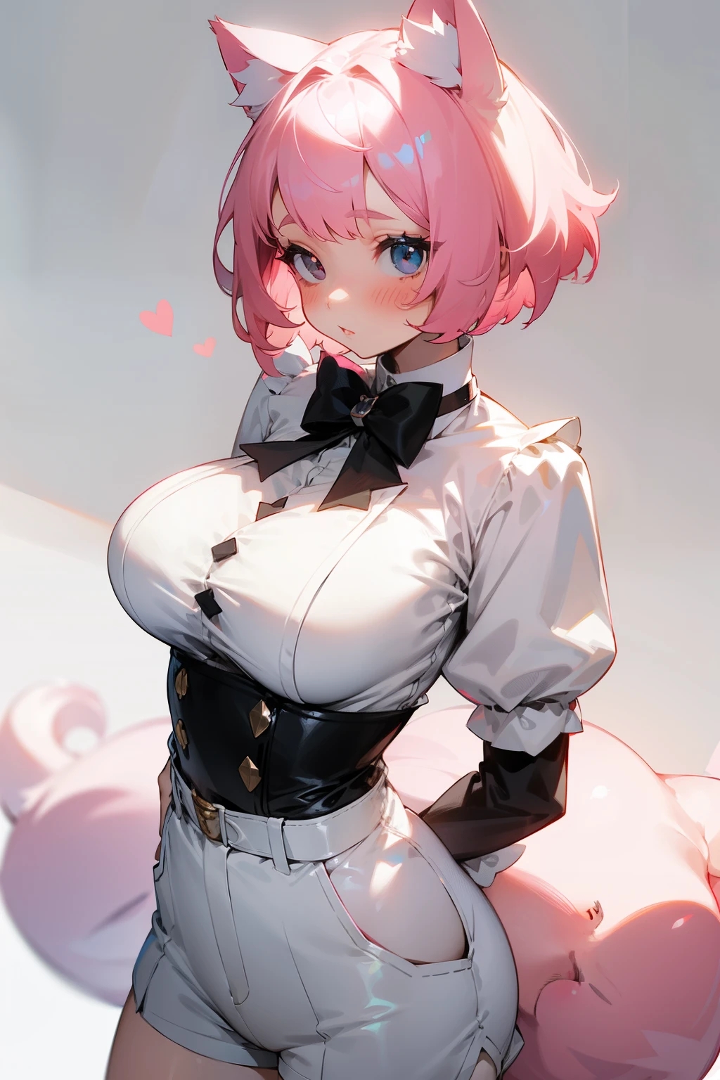 Cute girl, short white hair, white cat ears, white cat tail, black eyes, rosy cheeks, pink hair bow, big breasts, short pants 🎀