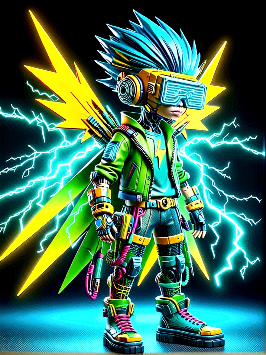 1 boy, Solitary, Lightning energy,Electricity elements,Wearing a pointed headdress,(Wearing large rectangular glasses:1.3),Blue Highlight Lightning,Wearing bright blue and green square clothes,high-heel boots,Wields electric weapons,Dance in dynamic dance poses in a colorful VR world filled with neon lights and vibrant holograms。The scene was influenced by pop art and graffiti,A truly cyberpunk-inspired combo,With explosive energy,Created using digital methods and radiant luminous effects,whole body,Cartoon Style,3D character rendering,Created with C4D and Blender,precise,Blind box toy styles,Super Detail,Anatomically correct,masterpiece, 1djxz1
