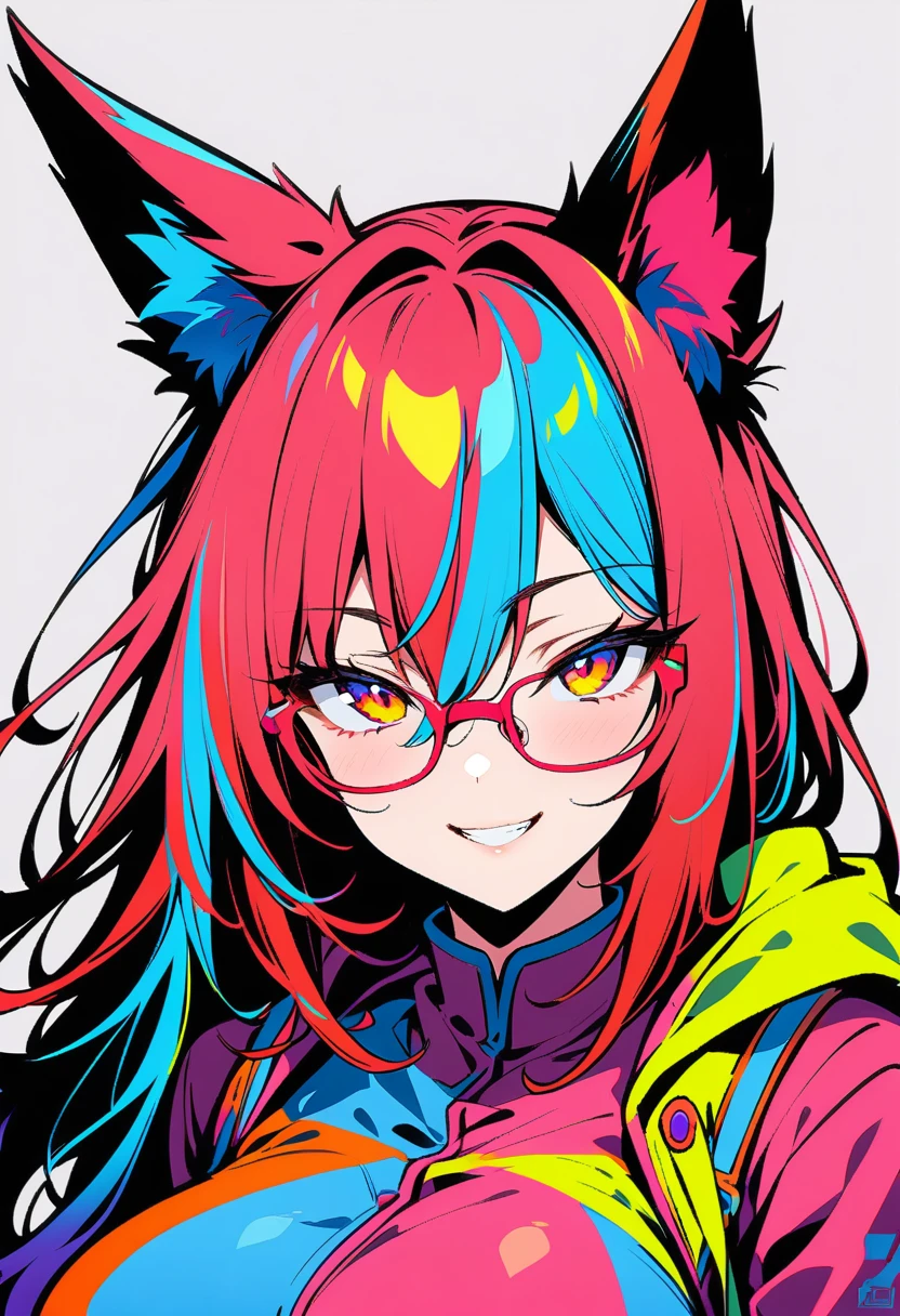 ((masterpiece, Practical, best quality, Extremely complex, Solitary, 1 Girl)), color connection, Colorization, Vibrant color scheme, rich and colorful, Spot Color, Not suitable for working hours, (portrait, Face Focus),Sensual, (Big Breasts 1.2), Curvy beauty, (Mature woman), (Grin:1.2), Hair between the eyes, Fox ears,Glasses