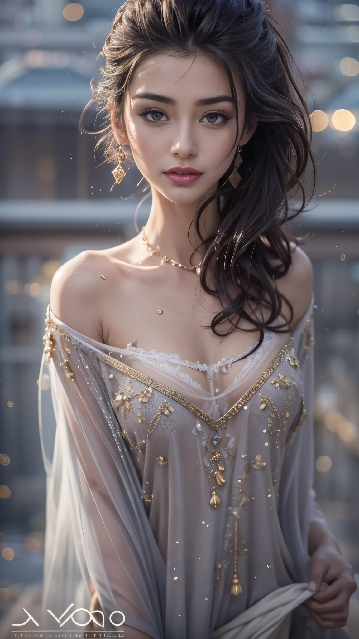 (32k:1.5, Highest quality, masterpiece, Ultra-high resolution), Professional camera work:1.6, Highly detailed skin and face textures:1.3, Captivating portrait, Very accurate, Very detailed, 1 adult female, ((Amazing night view from the rooftop:1.4, The moonlight at night illuminates my body)), (Satin Nightgown:0.7), Incredibly slim body, Fair skin, elegant, Expressions of sadness, (Big eyes that exude beautiful eroticism:0.8, A dreamy look:1.0, I love you with all my heart:0.8, Open your mouth a little, lipstick, Feel the beautiful eroticism:0.9), (Wet dark brown medium length hair), Sensual sitting position, Candles, The chest is medium, Earrings, necklace, bracelet, (romantic, dramatic, mysterious), Object of admiration, Artistic, Innovative, attractive, sense of openness, sense of cleanliness, Special, Heartful, Fancy, exciting, Extreme, Tilt, ((Adult charm, Feminine charm, Hair blowing in the wind))