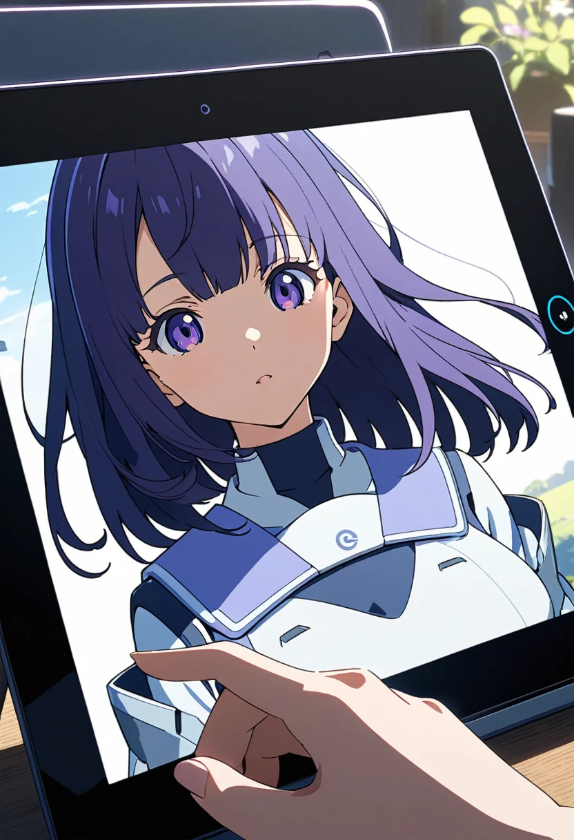 Indigo Hair、Shortcuts、Beautiful girl robot drawing on tablet、cel shading,
Anime Style