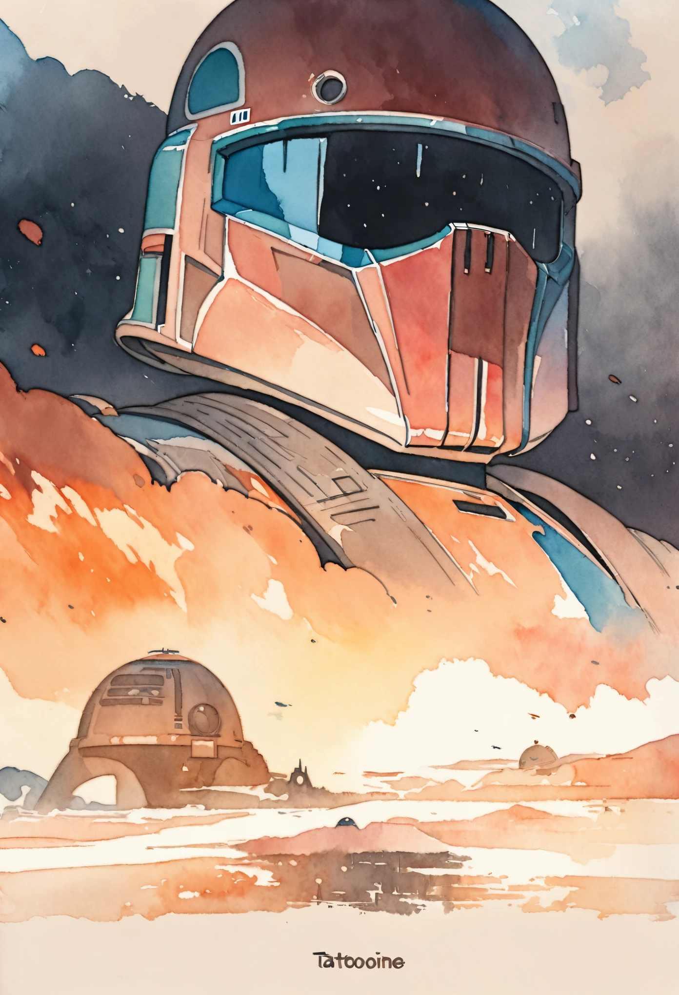 (masterpiece),(Highest quality),(Super detailed),(High resolution),((Line art)),((Watercolor)),8K,wallpaper,Boba Fett,Star Wars,((Tatooine)),Movie poster style