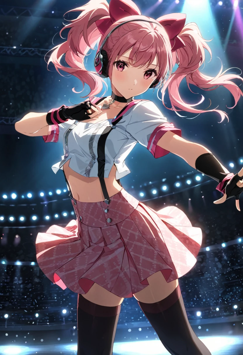 from front, (mediumshot:1),kujikawadancing, twintails, hair bow, headphones, white shirt, crop top, short sleeves, suspenders, pink skirt, black thighhighs, fingerless gloves, single glove, choker, midriff, Zettai ryoiki, ,,,cinematic angle, anime screencap:0.8, official art, masterpiece, best quality,UHD,HDR,aesthetic,very aesthetic,,