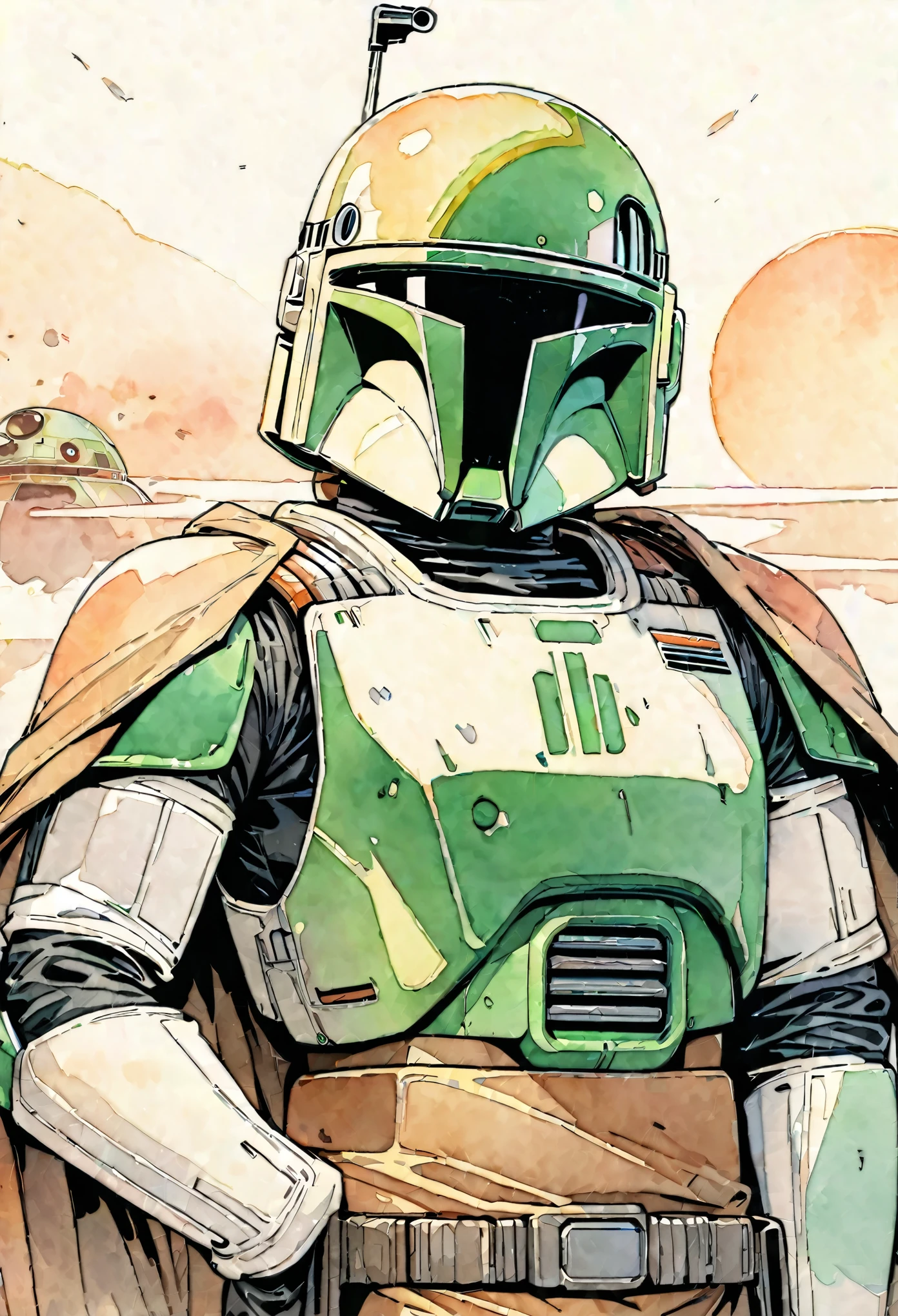 (masterpiece),(Highest quality),(Super detailed),(High resolution),((Line art)),((Watercolor)),8K,wallpaper,Boba Fett,Star Wars,((Tatooine)),Movie poster style