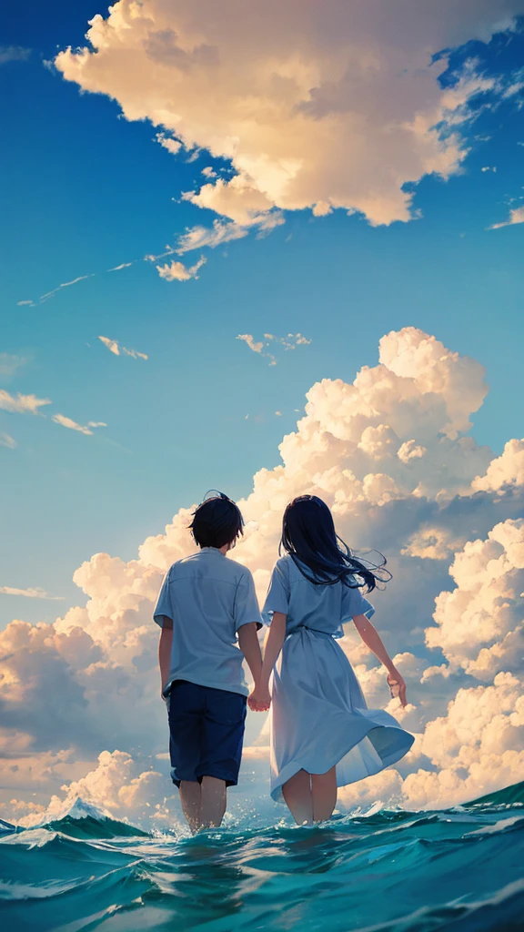 The main theme is the blue sky with white clouds floating in it.　Back view of a man and woman holding hands　Casual clothing　An illustration