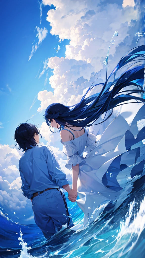The main theme is the blue sky with white clouds floating in it.　Back view of a man and woman holding hands　Casual clothing　An illustration