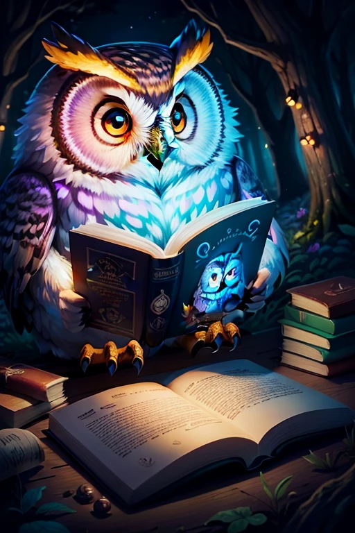 cartoon owl reading a book in the woods at night, glowing owls, owl wizard, high quality illustration, illustrative, the wisest of all owls, glowing owl, story book illustration, fantasy book illustration, illustrative story telling, owls, featured art, a storybook illustration, storybook illustation, mixture between an! owl and wolf, cute storybook illustration