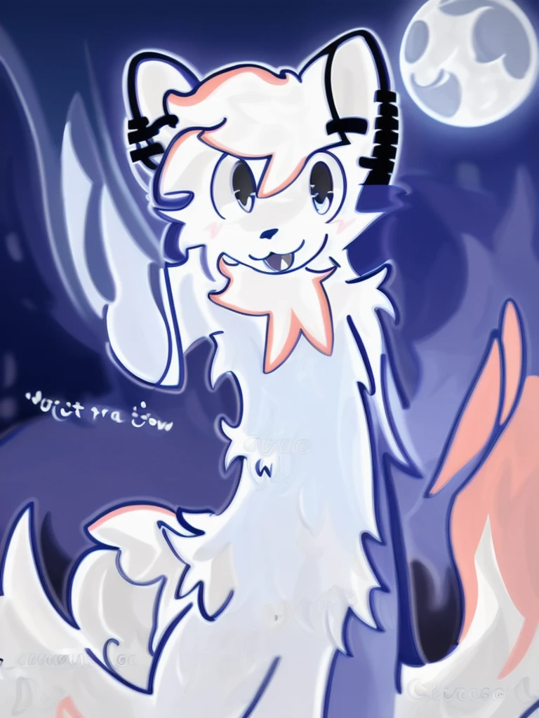 White and blue fur, blue splashs on the body, looking at camera, Smile, Realistic BoyKisserFur, Fine fur, Good shadows, Detailed shadows, Night Sky, moon, Star, Milky Way, depth, depth preseption, whole body