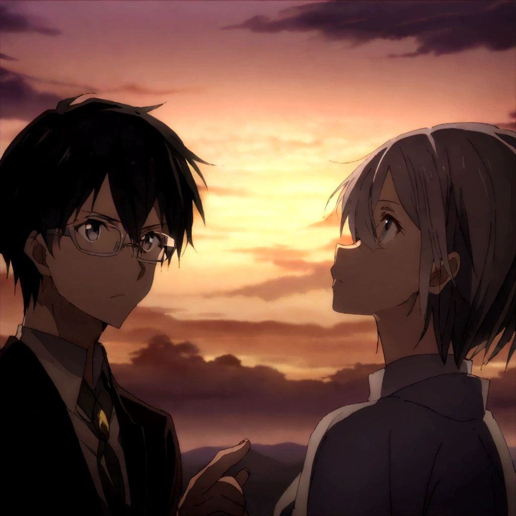 ((Highest quality)), ((masterpiece)), (detailed), Highest quality、High resolution、8K、((Sunset sky))、cloud、Looking up at the sky、With two accurate hands5Finger、One adult male、33 years old、Dark Eyes、Black Hair、Japanese anime-like style、超High resolutionかわいい萌えアニメ8k、handsome face manly、 Slender and muscular、Glasses