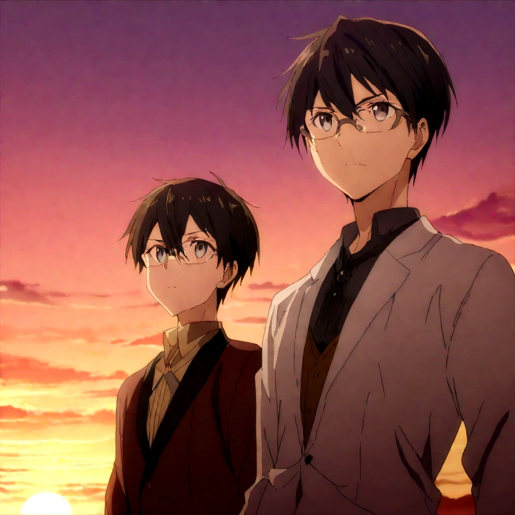 ((Highest quality)), ((masterpiece)), (detailed), Highest quality、High resolution、8K、((Sunset sky))、cloud、Looking up at the sky、With two accurate hands5Finger、One adult male、33 years old、Dark Eyes、Black Hair、Japanese anime-like style、超High resolutionかわいい萌えアニメ8k、handsome face manly、 Slender and muscular、Glasses
