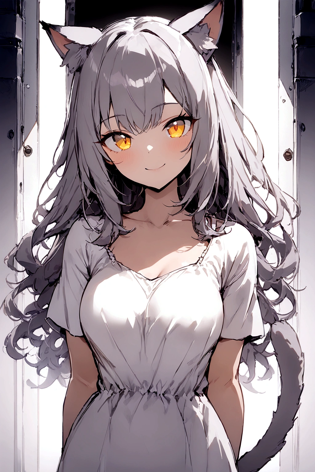 ((masterpiece)), ((best quality)), (from front, facing front:1.1), (close-up:1.2), (half-body shot:1.36), perfect anatomy, 1girl, solo, adult cat girl, long gray straight hair, yellow round eyes, gray cat ears, gray fluffy cat tail, basic short-sleeved loose white dress, smiling, looking at viewers