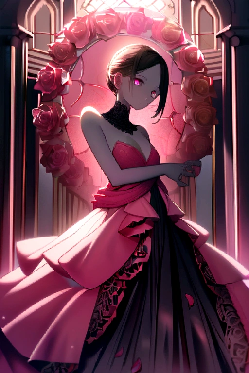 A medium-sized human figure that emits a pink light. Her body is covered in rose petals and she has long arms that extend from her back forward.. Her head is wrapped in rose petals similar to lace leaves., and his eyes are two petals that allow him to see clearly.