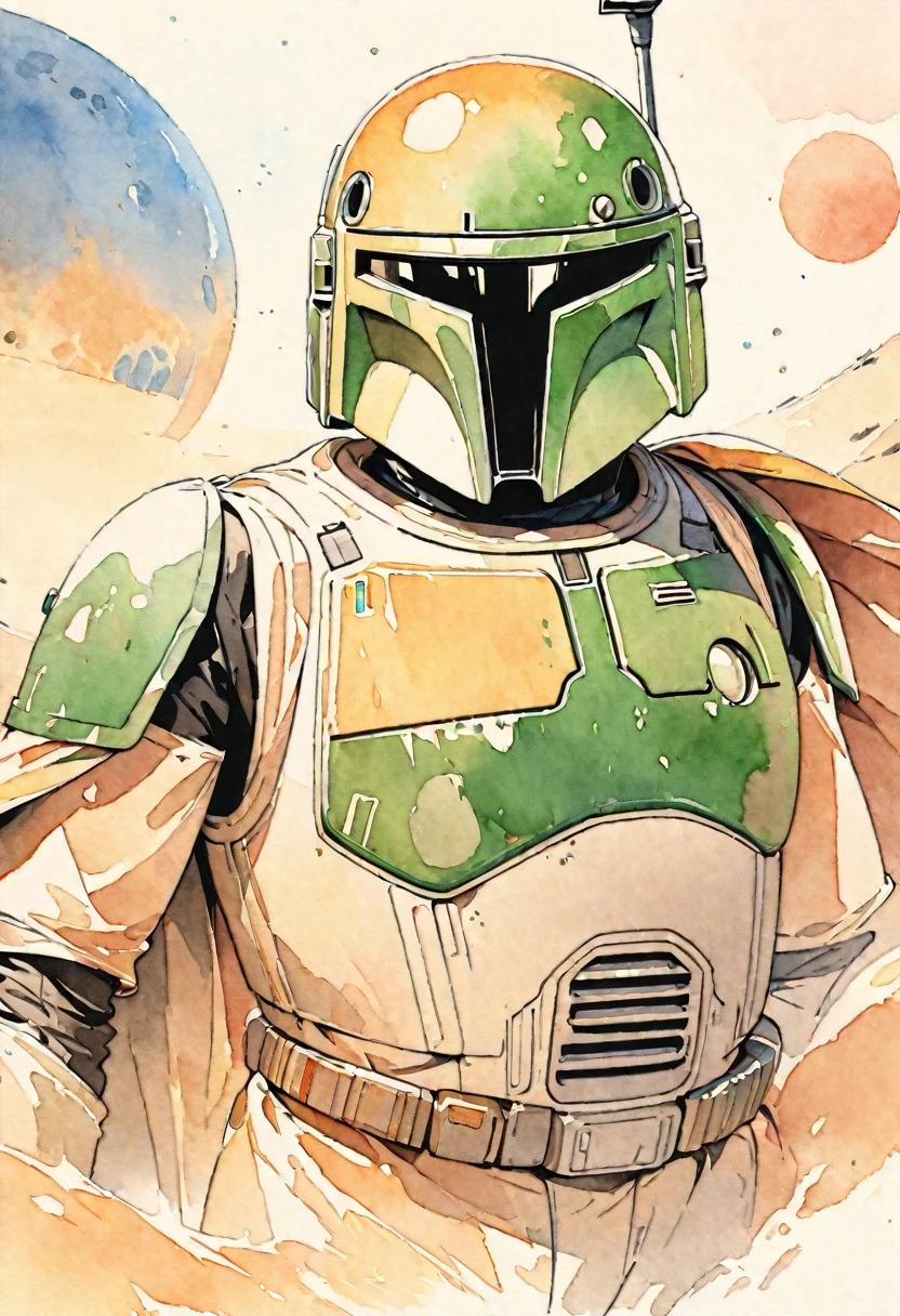 (masterpiece),(Highest quality),(Super detailed),(High resolution),((Line art)),((Watercolor)),8K,wallpaper,Boba Fett,Star Wars,(The background is the sand planet Tatooine),Movie poster style