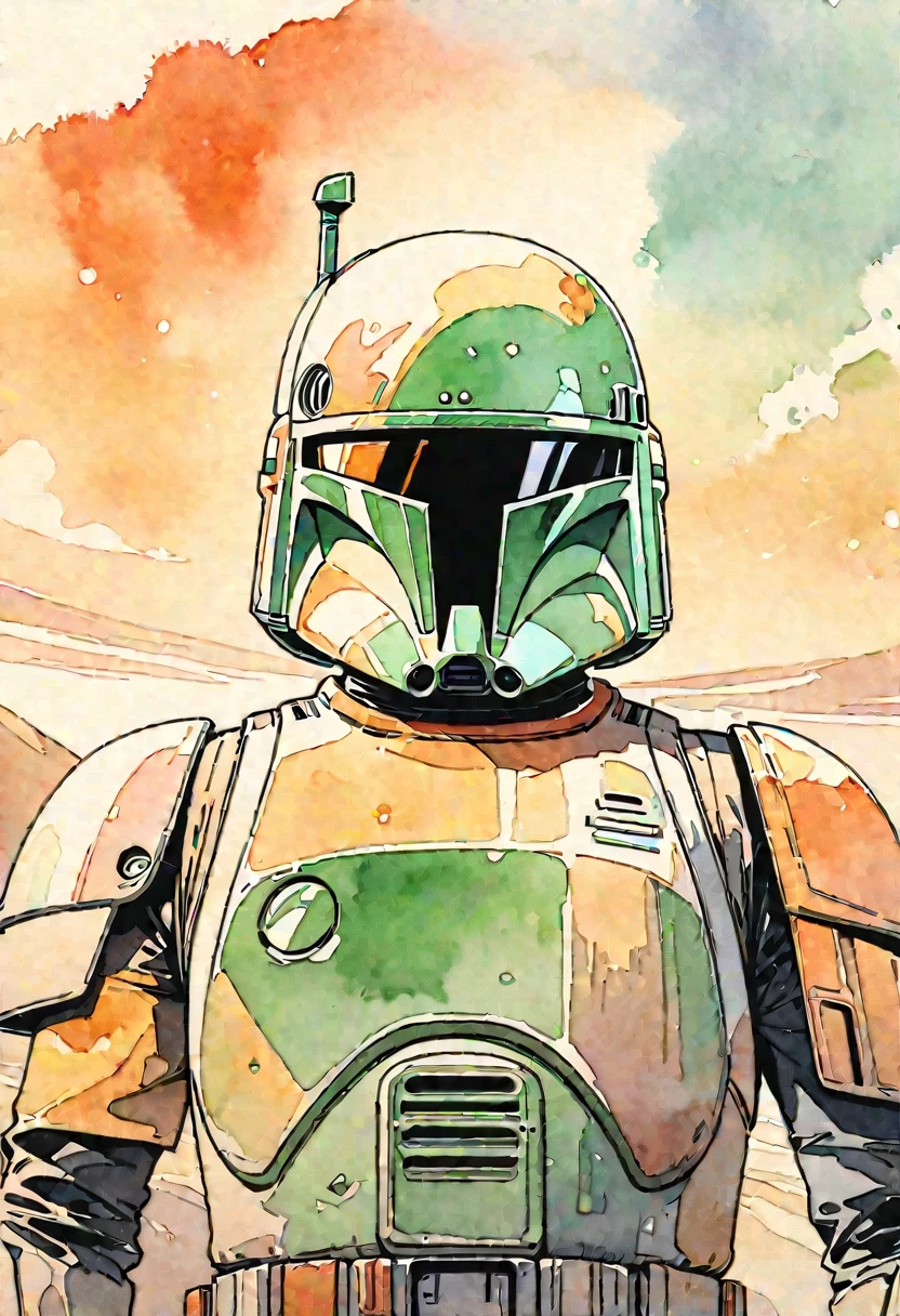 (masterpiece),(Highest quality),(Super detailed),(High resolution),((Line art)),((Watercolor)),8K,wallpaper,Boba Fett,Star Wars,(The background is the sand planet Tatooine),Movie poster style