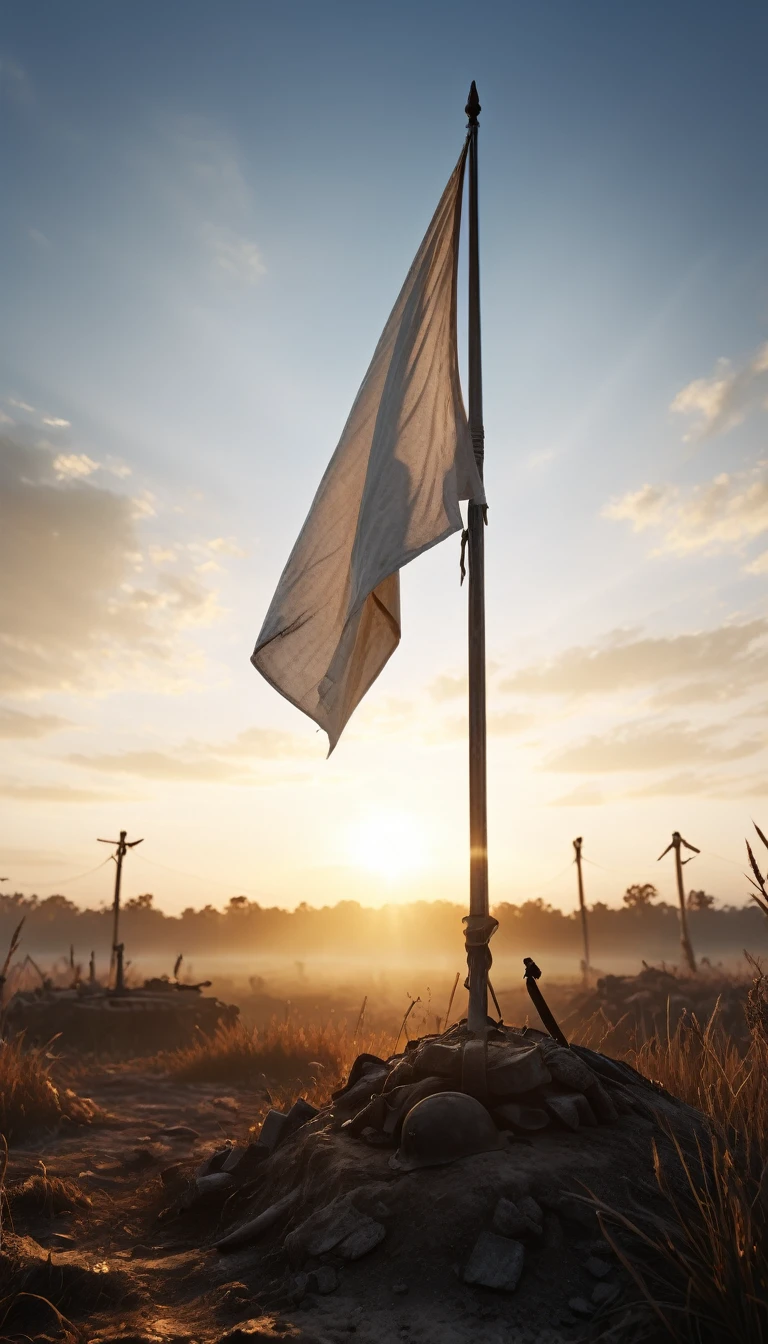 The sun rising over a battlefield where a white flag has been raise, holding a white flag, background war, hyper realistic, ultra detailed hyper realistic, photorealistic, Studio Lighting, reflections, dynamic pose, Cinematic, Color Grading, Photography, Shot on 50mm lens, Ultra-Wide Angle, Depth of Field, hyper-detailed, beautifully color, 8k, golden light from the front,