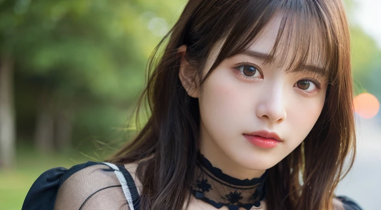(Long Hair, bangs:1.2),(Put on a choker, Wear a black blouse:1.2),1 girl,Japanese,21 years old,(Small breasts:1.3),(Highest quality,masterpiece:1.3,超A high resolution,),(Ultra-detailed,Caustics),(Photorealistic:1.4,RAW shooting,)Ultra-Realistic Capture,Very detailed,High resolution 16K human skin close-up。 Natural skin texture、,Pores、、It needs to be detailed enough to be easily identifiable。 Skin should be even-toned and healthy looking。 Use natural light and colour, Sad expression, Looking at the camera, Perfect dynamic composition, Outdoor