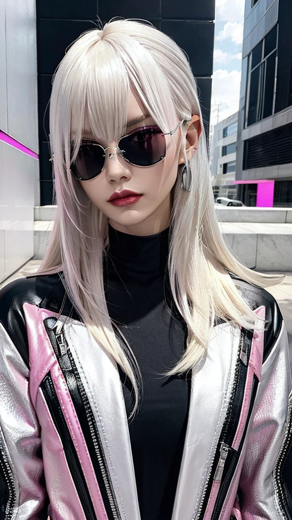 An edgy and modern rendering of a woman with sleek, platinum blonde hair and sleek, reflective pink sunglasses. She strikes a fierce pose against a backdrop of bold, abstract shapes and patterns, her head tilted to the side in a subtle nod to the avant-garde.