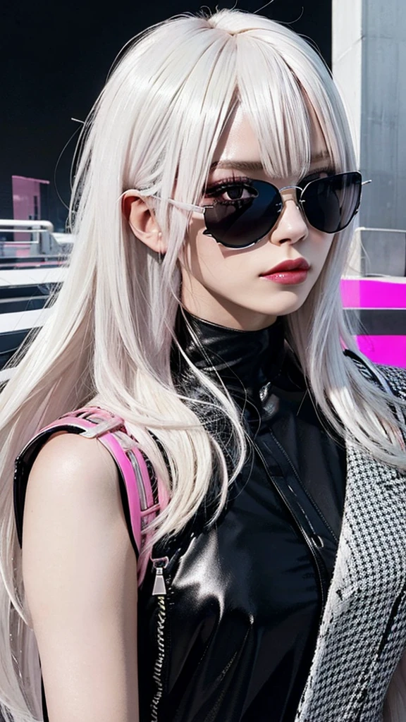 An edgy and modern rendering of a woman with sleek, platinum blonde hair and sleek, reflective pink sunglasses. She strikes a fierce pose against a backdrop of bold, abstract shapes and patterns, her head tilted to the side in a subtle nod to the avant-garde.