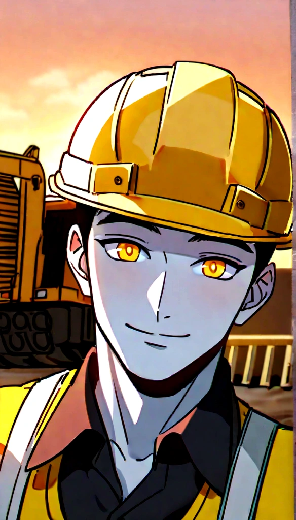 Project background shoot, site construction, heavy loader on background, 1 construction worker, saying hi, handsome construction workers, Indonesian male models, white skin, delicate eyes, wearing construction vest, wearing yellow construction helmet, sunset, cinematic