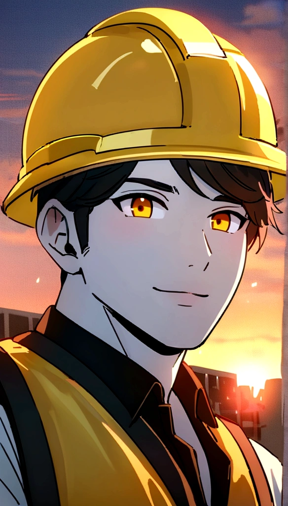 Project background shoot, site construction, heavy loader on background, 1 construction worker, saying hi, handsome construction workers, Indonesian male models, white skin, delicate eyes, wearing construction vest, wearing yellow construction helmet, sunset, cinematic