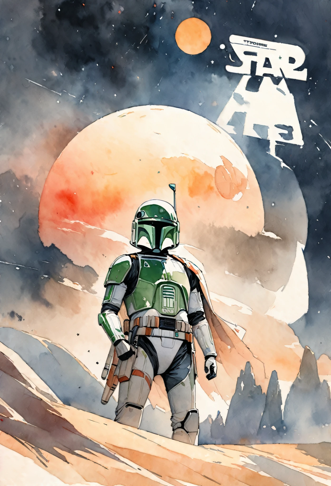 (masterpiece),(Highest quality),(Super detailed),(High resolution),((Line art)),((Watercolor)),8K,wallpaper,Boba Fett,Star Wars,((Tatooine)),Movie poster style