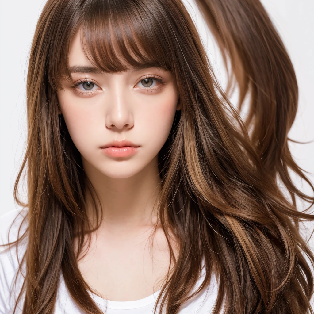 A high-quality, front-facing passport photo. woman has a body hairstyle with a long style, bob length, tight soft curl, integrated into face line bangs, and blonde brown hair. The hairstyle should be completely realistic and well-defined, showcasing all the intricate details. The photo should feature a clear face and full hairstyle on a white background, showing only the face and neck, with a white t-shirt. The face should be positioned exactly in the center of the photo. colorful, vivid colors, masterpiece, best quality, absurdres, highest quality, amazing details, 8k, aesthetic,