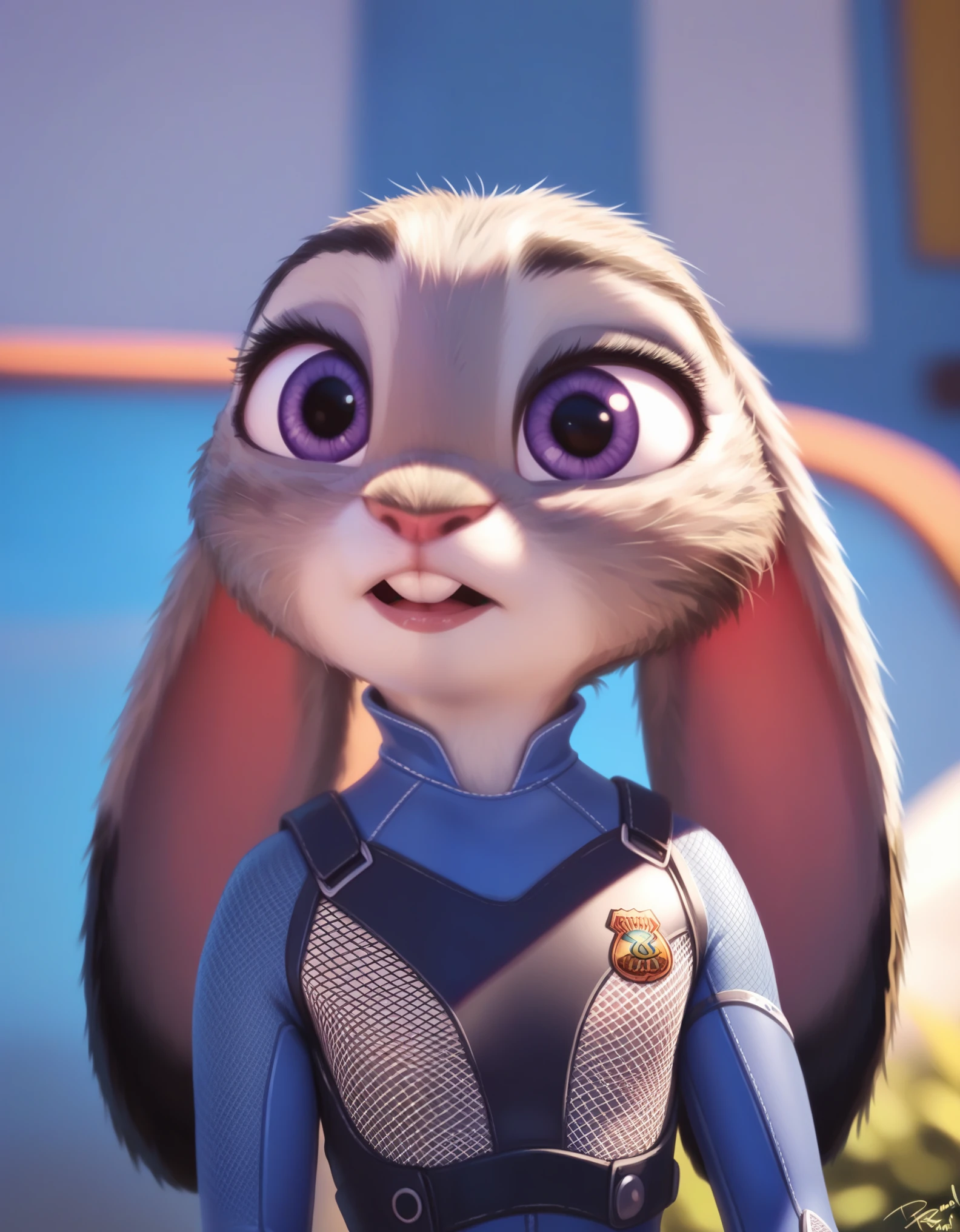 female,  judyhopps, ((slim judy hopps)), (front view), (cinematic lighting), backlighting, (shaded), detailed background, by dagasi, (by personalami), [by Ruan Jia],, (solo), photorealistic, hyperrealistic, fishnet bodysuit, fishnet, bodysuit, sexy