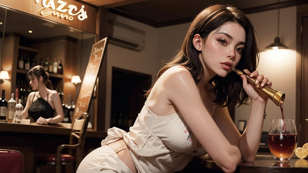 jazz bar, drinking wine, relaxing, wearing camisole, ultra-detailed, aesthetic, masterpiece, top quality, graphic
