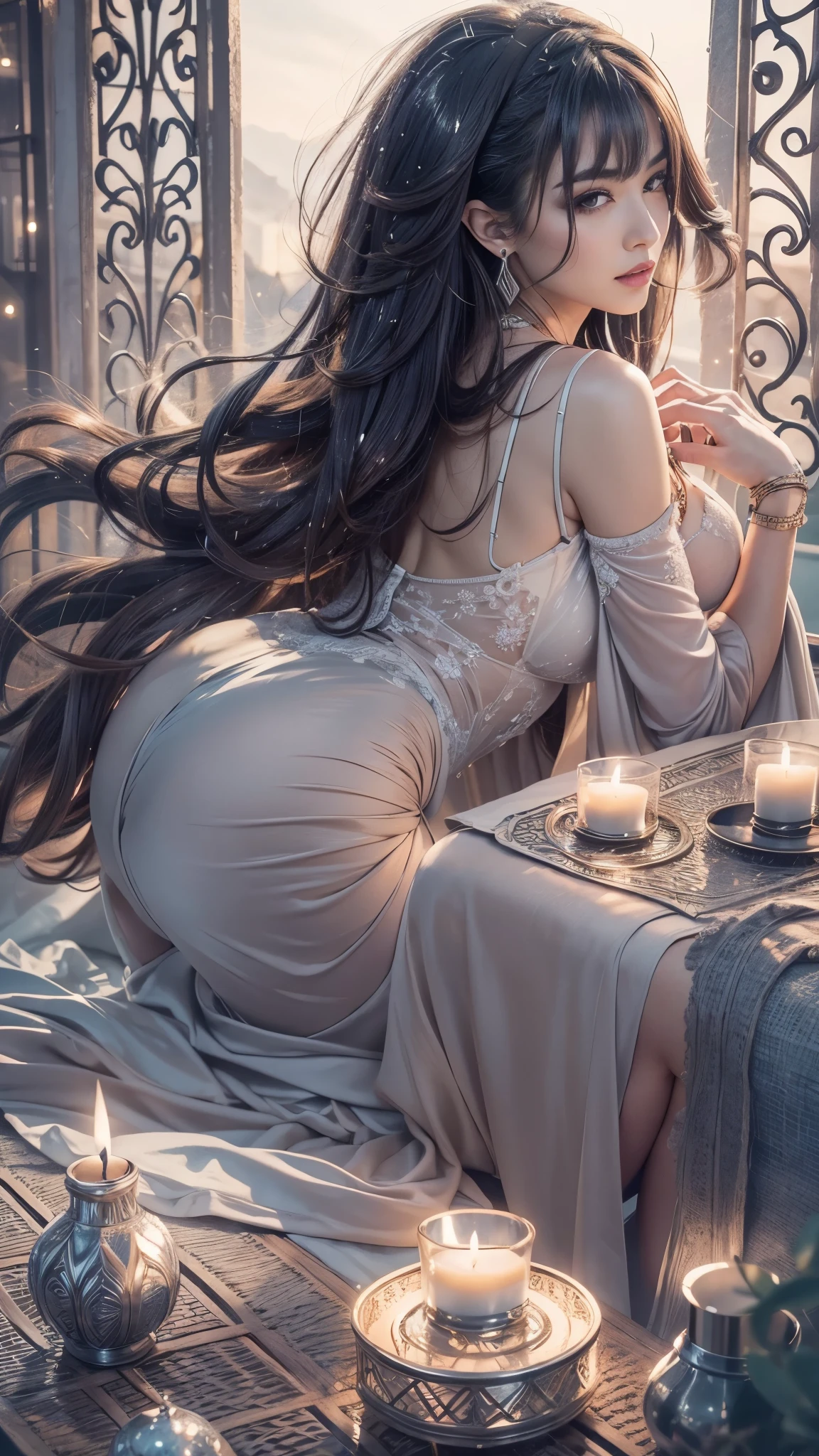 (32k:1.5, Highest quality, masterpiece, Ultra-high resolution), Professional camera work:1.6, Very detailedな肌と顔の質感:1.3, Captivating portrait:1.1, Very accurate, Very detailed, 1 adult female, ((Amazing night view from the rooftop:1.4, The moonlight at night illuminates my body)), (Satin Nightgown:0.7), Incredibly slim body, Fair skin, elegant, Expressions of sadness, (Big eyes that exude beautiful eroticism:0.8, A dreamy look:1.0, I love you with all my heart:0.8, Open your mouth a little, lipstick, Feel the beautiful eroticism:0.9), (Wet dark brown medium length hair), Sensual sitting position, Candles, The chest is medium, Earrings, necklace, bracelet, (romantic, mysterious), Object of admiration, dramatic, Artistic, Innovative, attractive, sense of openness, sense of cleanliness, Special, Heartful, Fancy, exciting, Extreme, Tilt, ((Adult charm, Feminine charm, Hair blowing in the wind))