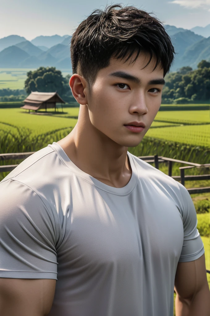 独奏 , 1 person , Portrait of a handsome Asian rugby player, short hair, no beard, muscular, big muscles, wearing a gray round neck t-shirt, wet, outdoors, rice field, countryside, hut, Thailand, Laos, Burma, Asia.