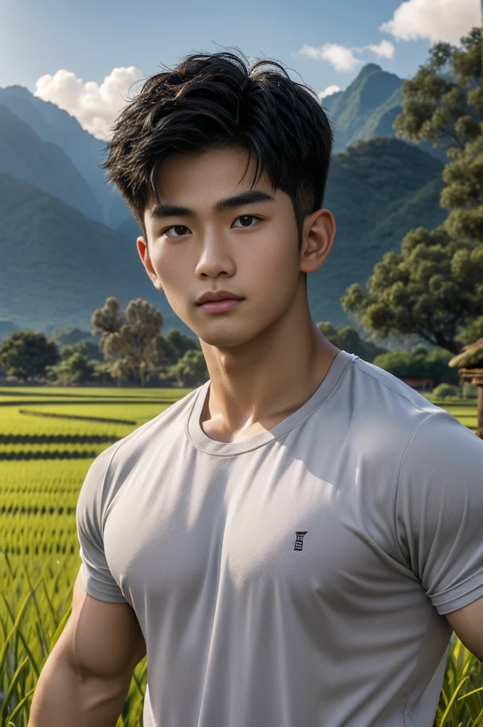 独奏 , 1 person , Portrait of a handsome Asian rugby player, short hair, no beard, muscular, big muscles, wearing a gray round neck t-shirt, wet, outdoors, rice field, countryside, hut, Thailand, Laos, Burma, Asia.