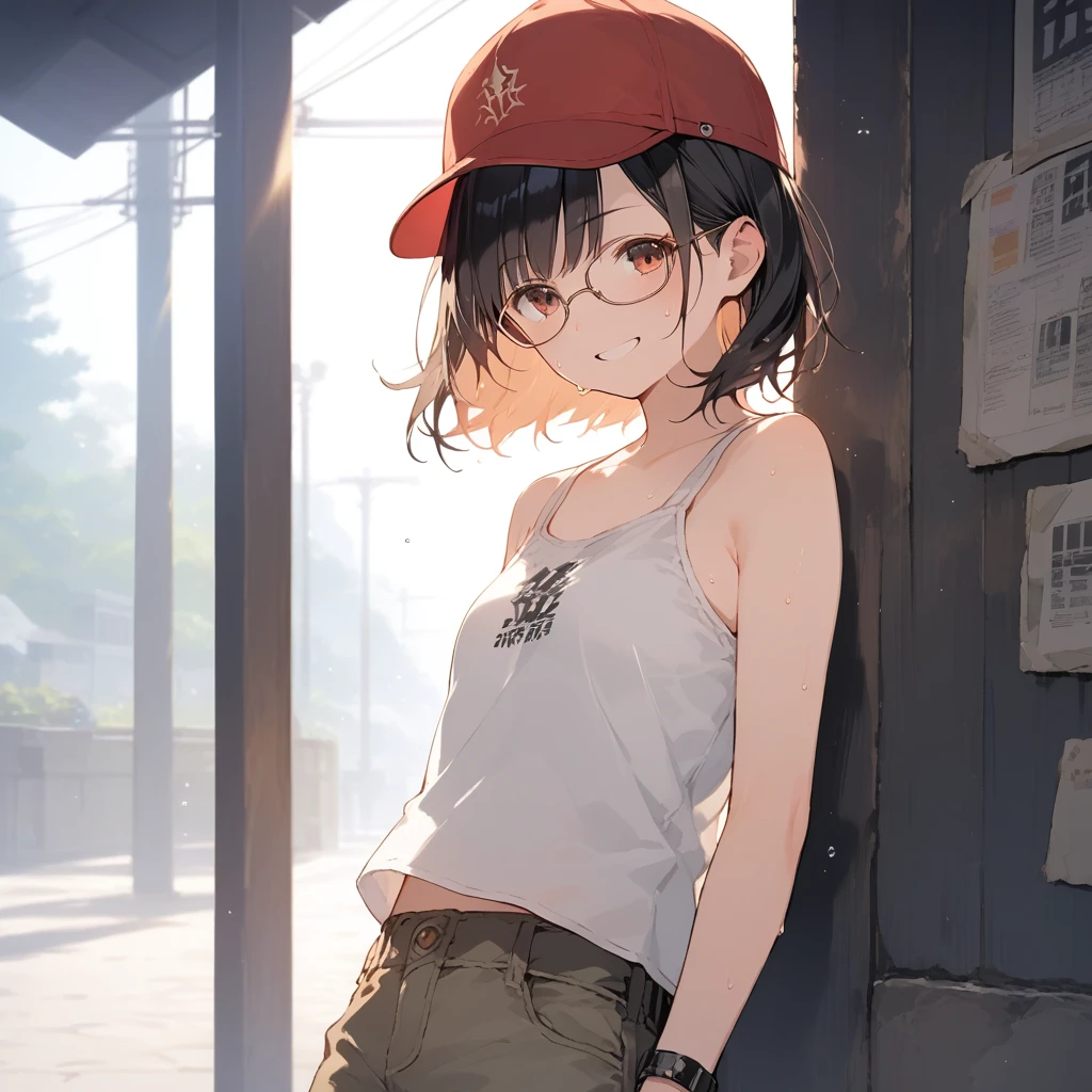 score_9, score_8_up, score_7_up, source_anime, best quality, masterpiece, official art, absurdres, highres, ultra-detailed,waifu2x,Collection: Slice of Life,break,1girl, fantasy world, short hair, glasses, small breasts, cap, tank top, cargo pants, sweat, smile, outdoors, wind, break,(clear line illustration:1.2),very high resolution, very aesthetic, super detailed skin, Best sexual lighting powered by famous artist, 8k,cute picture,beauty illustration,photoshop_(medium),,(Detailed Lighting),best anime 8k konachan wallpaper, pixiv contest winner, 