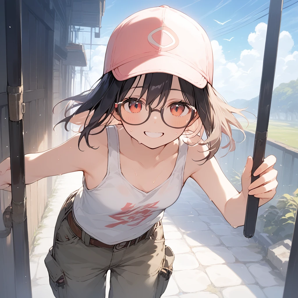 score_9, score_8_up, score_7_up, source_anime, best quality, masterpiece, official art, absurdres, highres, ultra-detailed,waifu2x,Collection: Slice of Life,break,1girl, fantasy world, short hair, glasses, small breasts, cap, tank top, cargo pants, sweat, smile, outdoors, wind, break,(clear line illustration:1.2),very high resolution, very aesthetic, super detailed skin, Best sexual lighting powered by famous artist, 8k,cute picture,beauty illustration,photoshop_(medium),,(Detailed Lighting),best anime 8k konachan wallpaper, pixiv contest winner,