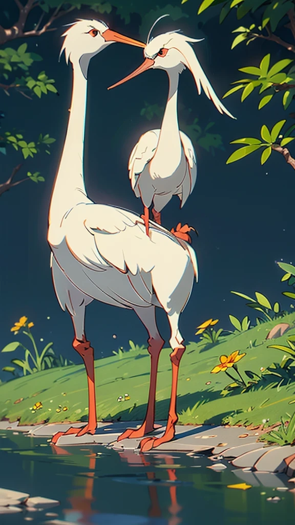 A white crane standing near a river