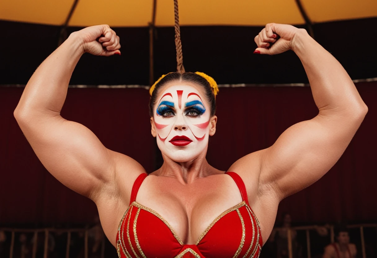 Half portrait of a circus strong woman with enormous bulging muscles, lifting a heavy weight overhead. Highly detailed pretty face and eyes, theatrical greasepaint makeup. BREAK in the ring in a circus tent with a full crowd. vibrant, photo realism, Masterpiece, (8k), (32k), UHD, highest-quality, intricate details, highly detailed, best artist, immaculate micro-details, sharp edges, detailed textures, cinematic, atmospheric lighting, visually stunning, perfect composition