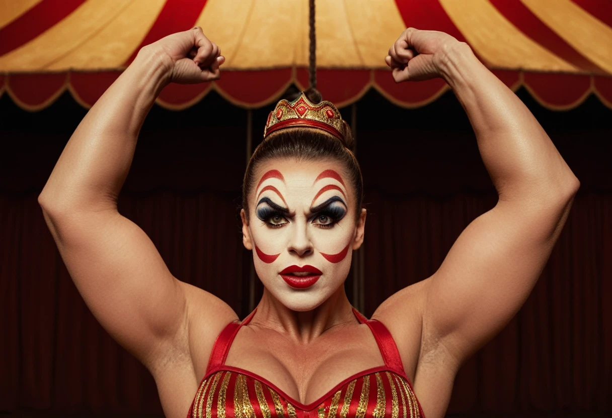 Half portrait of a circus strong woman with enormous bulging muscles, lifting a heavy weight overhead. Highly detailed pretty face and eyes, theatrical greasepaint makeup. BREAK in the ring in a circus tent with a full crowd. vibrant, photo realism, Masterpiece, (8k), (32k), UHD, highest-quality, intricate details, highly detailed, best artist, immaculate micro-details, sharp edges, detailed textures, cinematic, atmospheric lighting, visually stunning, perfect composition