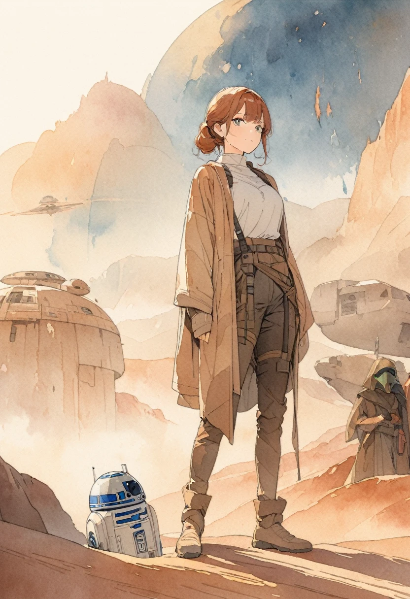 (masterpiece),(Highest quality),(Super detailed),(High resolution),((Line art)),((Watercolor)),8K,wallpaper,Star Wars,Tatooine,Boba Fett in the background,Movie image style
