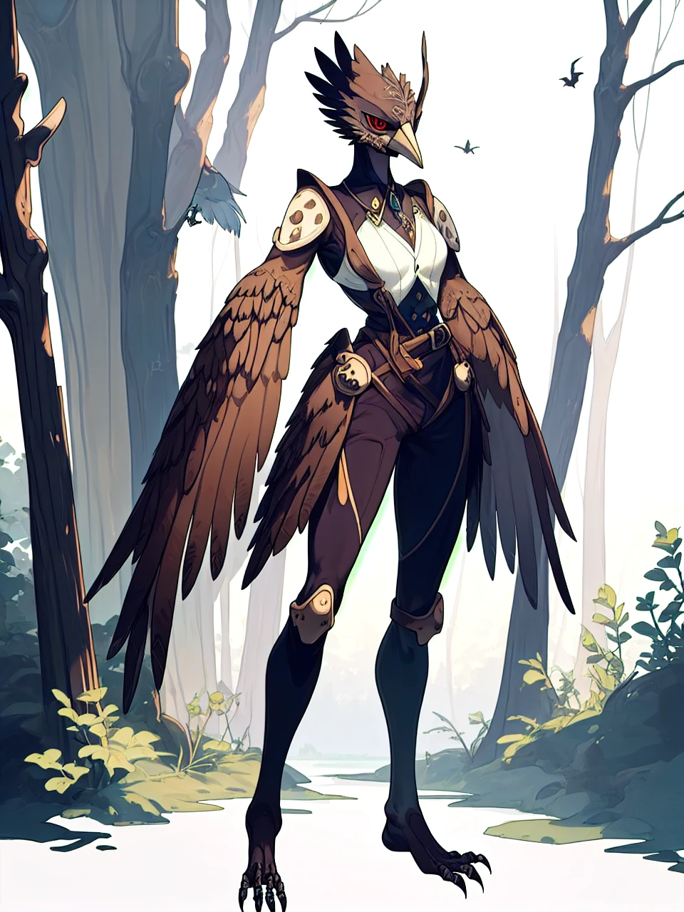 prospect(Anthropomorphic crow，Wearing ancient adventurer gear，The arms and hands are integrated with the bird&#39;s wings, and there are no bird wings on the back. Only the arms and hands have bird wings.，Feet are claws)，With background（Dense forest）