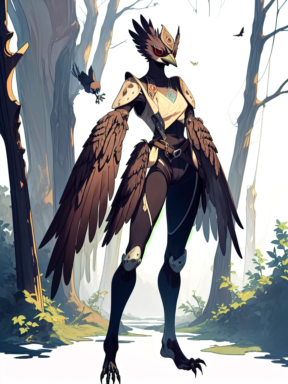 prospect(Anthropomorphic crow，Wearing ancient adventurer gear，The arms and hands are integrated with the bird&#39;s wings, and there are no bird wings on the back. Only the arms and hands have bird wings.，Feet are claws)，With background（Dense forest）