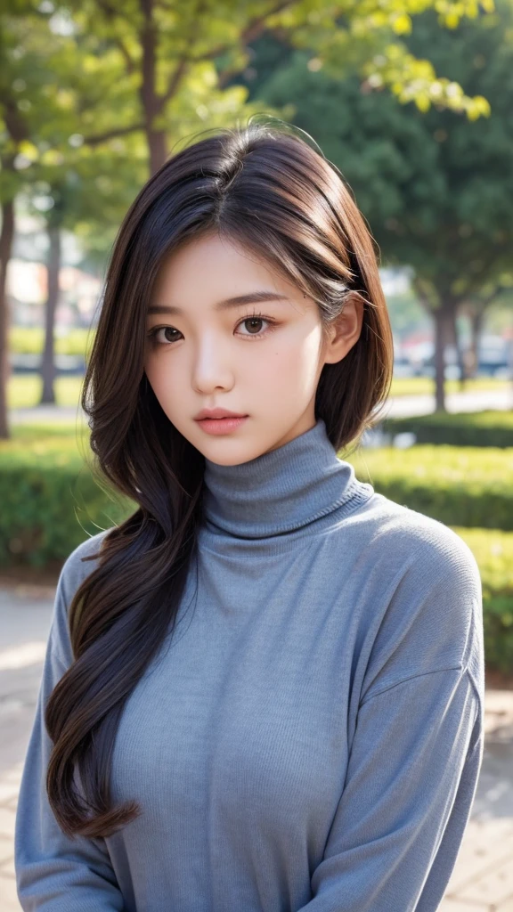 girl 18-year-old Hairstyle Casual, wearing a turtleneck shirt at park