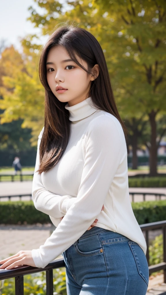 girl 18-year-old Hairstyle Casual, wearing a turtleneck shirt at park