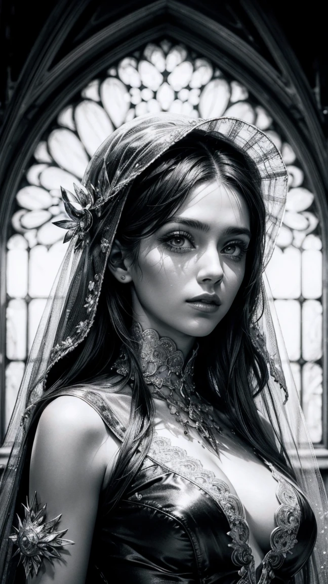 Portrait of woman, catholic virgin, dress with transparent veil , whole body, (8k, photo and gross, of the highest quality), Hyper realistic, intricate summary, Intricate artwork, abstract style, Striking portrait, threatening, creature from another world, [devil:darkness:35], [Temple, roman church , frozen landscape, cold and desolate, fearsome power and ethereal presence, non-representational, pencil drawing and shapes, expression of feelings, imaginative, Very detailed, transparencies, shadows, Contrasts, Extremely high resolution details, photographic, Realism taken to the extreme, fine texture, 4k, ultra detailed, high quality, high contrast made of resin ,black and white drawing