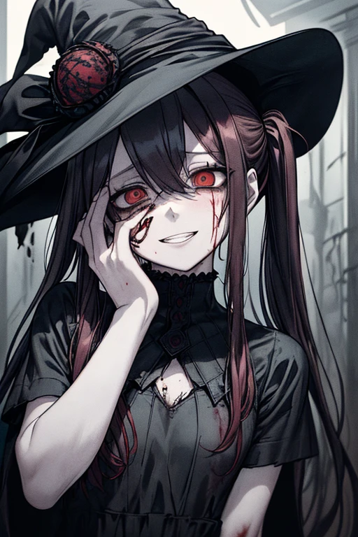(masterpiece:1.2, Highest quality), (Actual Photos, Intricate details), (1 female, alone, Upper Body, Small breasts) ,Black pointed hat、witch、Eyes Wide Open、scared雰囲気、Distorted facial expressions、Twisted smile、Scratching your face、bleeding from the face,、Blood splatter、Blood splatter、whole body、Punk Fashion、Twin tails、Long Hair、I have very long bangs、Black Hair、(((Dark circles under the eyes)))、Pale skin、Feeling unwell、Pathological、Wicked Smile、Crazy Eyes、(Grin)White Background((Yandere, Yandere simulator, There is blood on the face, Bloody clothes, scared, Dark Theme)), (Long Hair, Red eyes, Bright Eyes, Evil Face, Wicked Smile, Browsing Caution), Light coming from below, Shadowed face