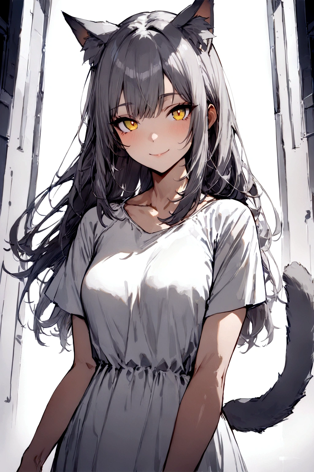 ((masterpiece)), ((best quality)), (from front, facing front:1.1), (close-up:1.2), (half-body shot:1.36), perfect anatomy, 1girl, solo, adult cat girl, long gray straight hair, yellow round eyes, gray cat ears, gray fluffy cat tail, basic short-sleeved loose white dress, smiling, looking at viewers